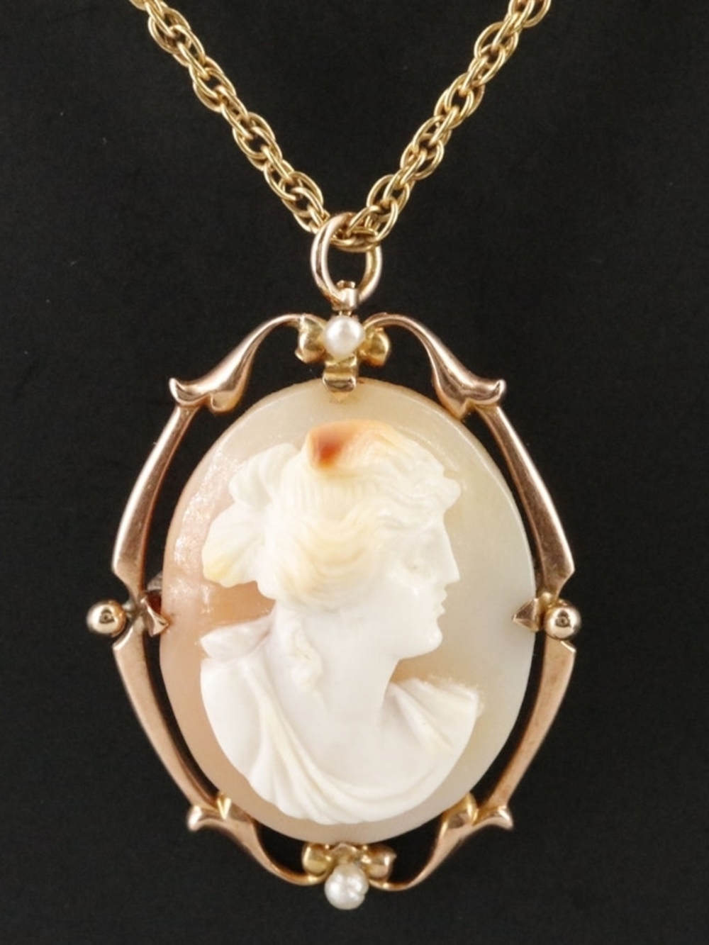 Antique 10K Shell Cameo Converter Pendant on Gold-Filled Chain Necklace